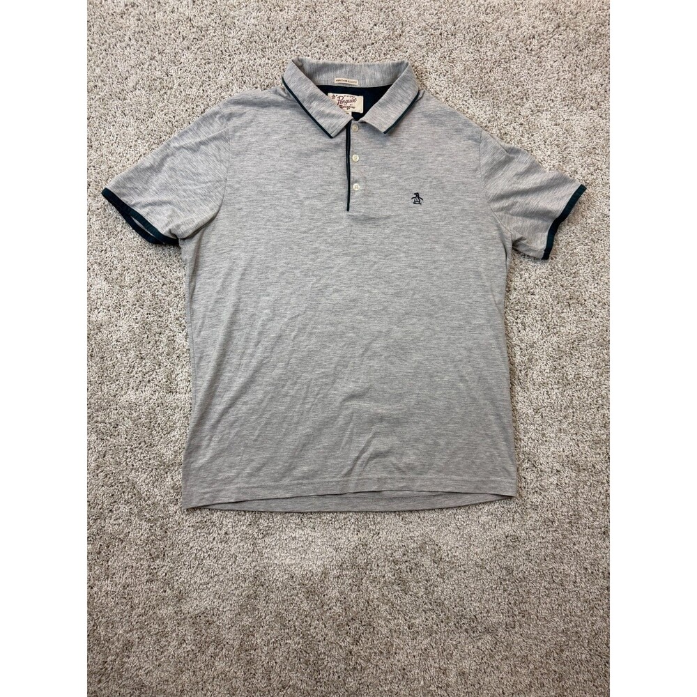 Original Penguin Mens XL Heritage Slim Fit Gray Polo Shirt Short Sleeve Logo